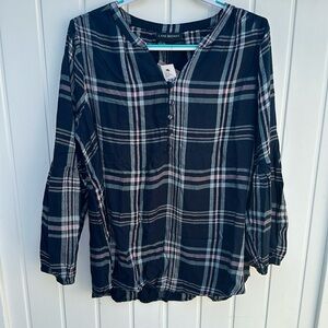 Lane Bryant Navy Plaid Long Sleeve Spit Neck Button Top Size 16L NWT
